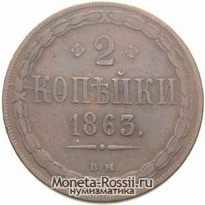 Монета 2 копейки 1863 года