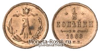 Монета 1/2 копейки 1868 года