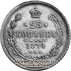 Монета 25 копеек 1874 года