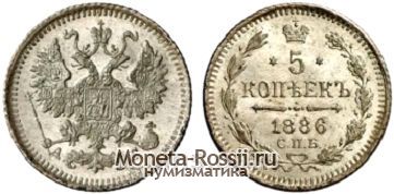 Монета 5 копеек 1886 года